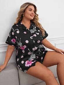 Plus Zebra & Floral Print Satin PJ Set