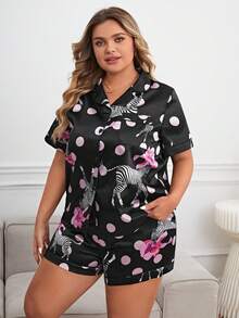 Plus Zebra & Floral Print Satin PJ Set