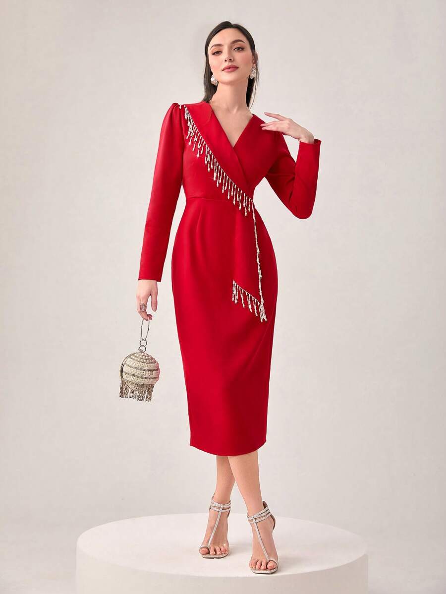 Modelyn 流蘇邊後背開衩前圍裹連衣裙 - 紅色 - 查看 1