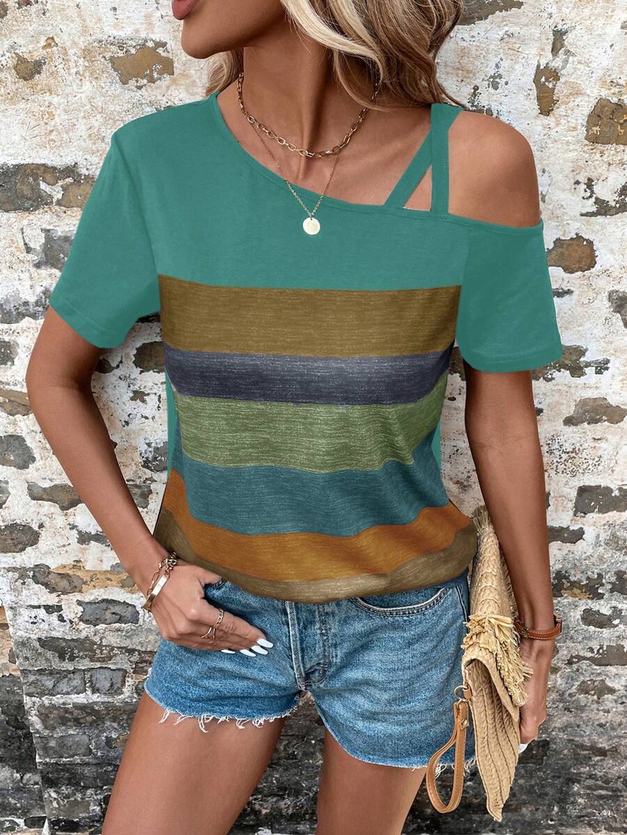 Áo thun nữ Bất đối xứng Khối Màu Giải trí - màu xanh lá - Xem 1