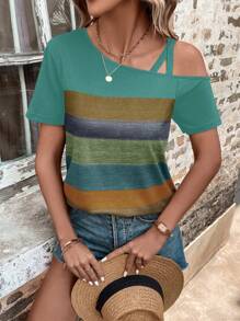 Áo thun nữ Bất đối xứng Khối Màu Giải trí - màu xanh lá - Xem 5