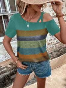 Áo thun nữ Bất đối xứng Khối Màu Giải trí - màu xanh lá - Xem 6