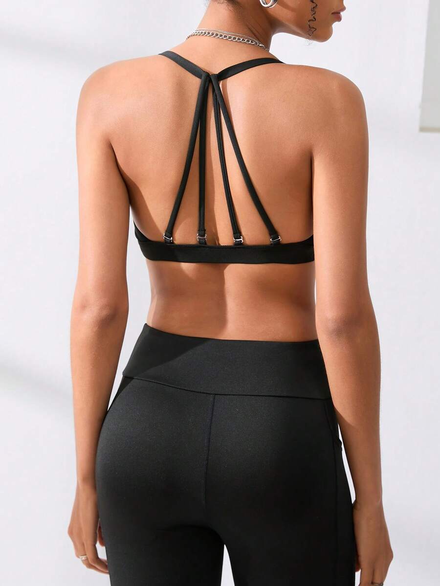 Menodora SHEIN Sport Solid Strappy Back Sports Bra - Black - View 1
