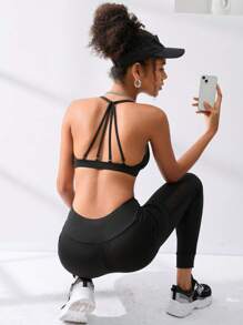 Menodora SHEIN Sport Solid Strappy Back Sports Bra - Black - View 2
