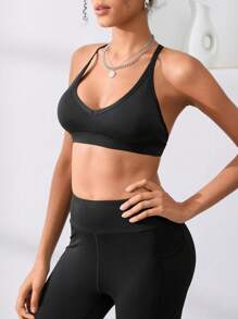 Menodora SHEIN Sport Solid Strappy Back Sports Bra - Black - View 3