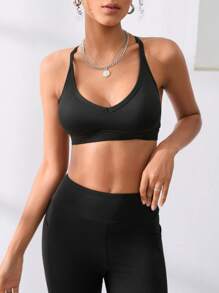 Menodora SHEIN Sport Solid Strappy Back Sports Bra - Black - View 4