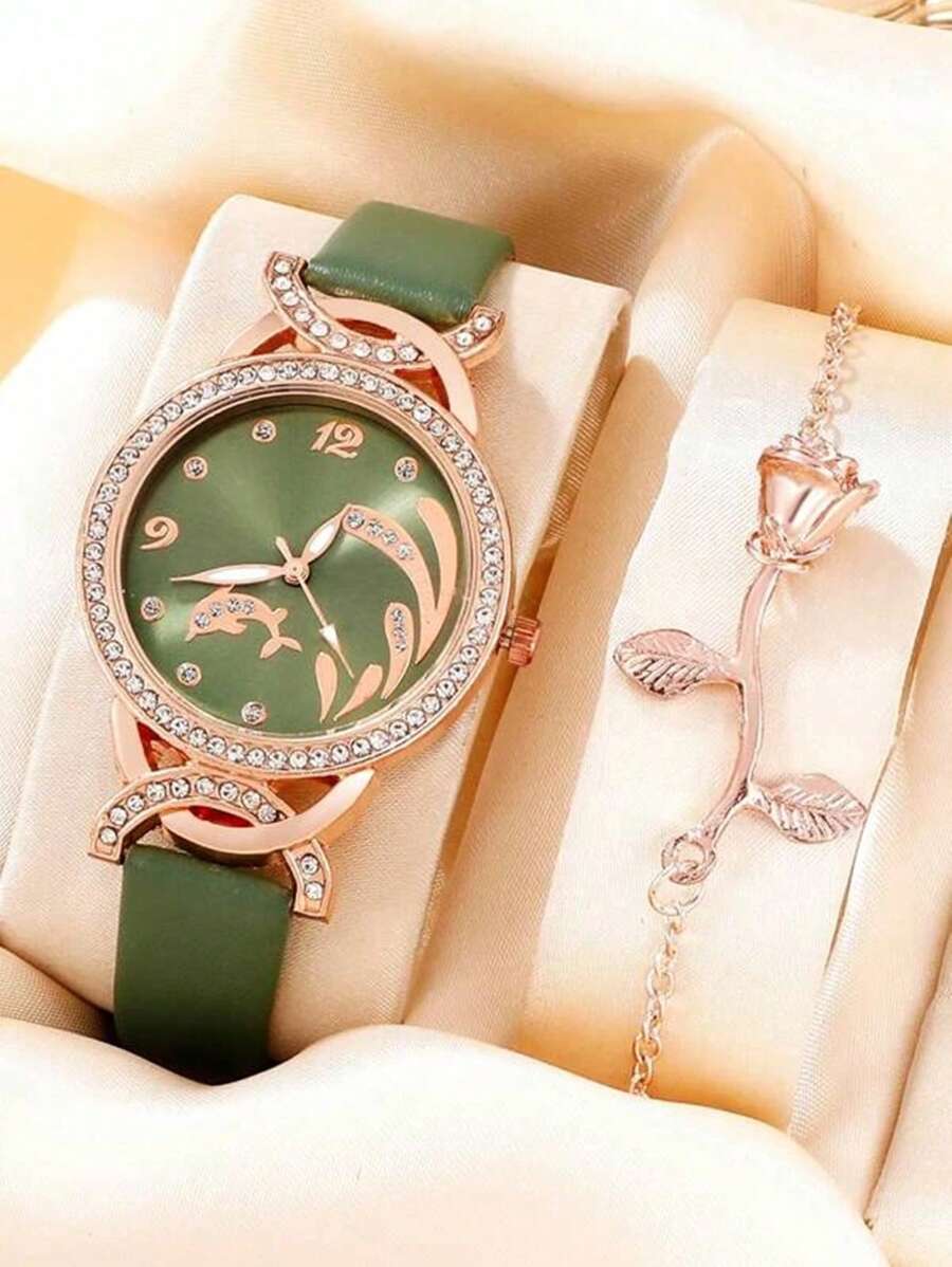 1 Nữ Xanh PU Dây Đeo Polyurethane Thời Trang Đá Trang Trí Mặt Tròn Đồng Hồ Thạch Anh & 1 Dây Chuyền Vòng Tay, Cho Cuộc Sống Hàng Ngày - màu xanh lá - Xem 1