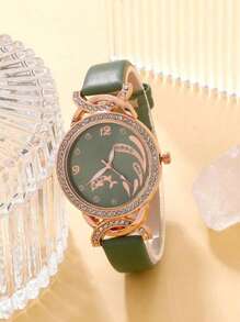 1 Nữ Xanh PU Dây Đeo Polyurethane Thời Trang Đá Trang Trí Mặt Tròn Đồng Hồ Thạch Anh & 1 Dây Chuyền Vòng Tay, Cho Cuộc Sống Hàng Ngày - màu xanh lá - Xem 3