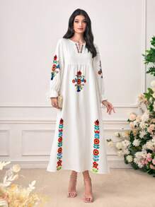 Al Najma Vestido smock con estampado floral de cuello notch de manga con volante - Blanco - Ver 1