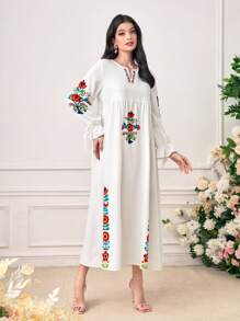 Al Najma Vestido smock con estampado floral de cuello notch de manga con volante - Blanco - Ver 5