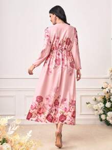Mulvari Floral Print Lantern Sleeve Dress - Pink - View 2