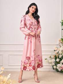 Mulvari Floral Print Lantern Sleeve Dress - Pink - View 3