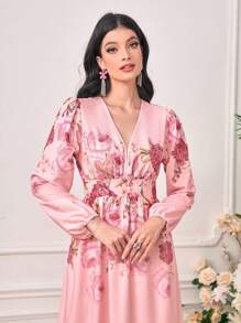 Mulvari Floral Print Lantern Sleeve Dress - Pink - View 4