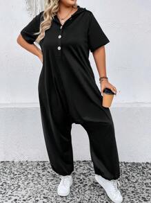 SHEIN LUNE Plus Half Button Hooded Drop Crotch Hem Jumpsuit - Black - View 1