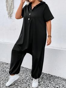 SHEIN LUNE Plus Half Button Hooded Drop Crotch Hem Jumpsuit - Black - View 3