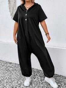 SHEIN LUNE Plus Half Button Hooded Drop Crotch Hem Jumpsuit - Black - View 4