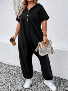 SHEIN LUNE Plus Half Button Hooded Drop Crotch Hem Jumpsuit - Black - View 6