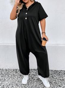 SHEIN LUNE Plus Half Button Hooded Drop Crotch Hem Jumpsuit - Black - View 7