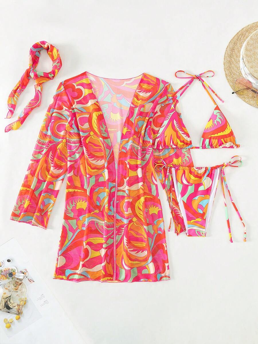 BamGleam Summer Beach Allover Print Halter Triangle Bikini Set With Kimono - Multicolor - View 1