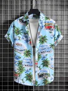 Manfinity Homme Men Car & Palm Tree Print Shirt Without Tee - Multicolor - View 1