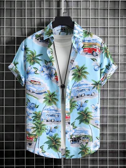 Guys Car & Palm Tree Print Shirt Without Tee