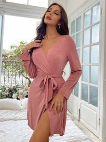 Bata con cinturón unicolor con cinturón cruzado - Rosa - Ver 5