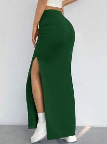 SHEIN EZwear Váy nữ Xù Tách cao màu trơn Giải trí - Màu xanh lá cây đậm - Xem 2