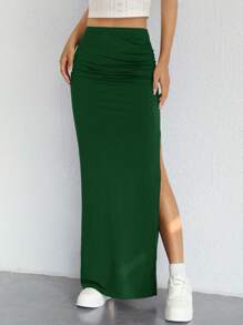 SHEIN EZwear Váy nữ Xù Tách cao màu trơn Giải trí - Màu xanh lá cây đậm - Xem 4