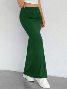 SHEIN EZwear Váy nữ Xù Tách cao màu trơn Giải trí - Màu xanh lá cây đậm - Xem 5
