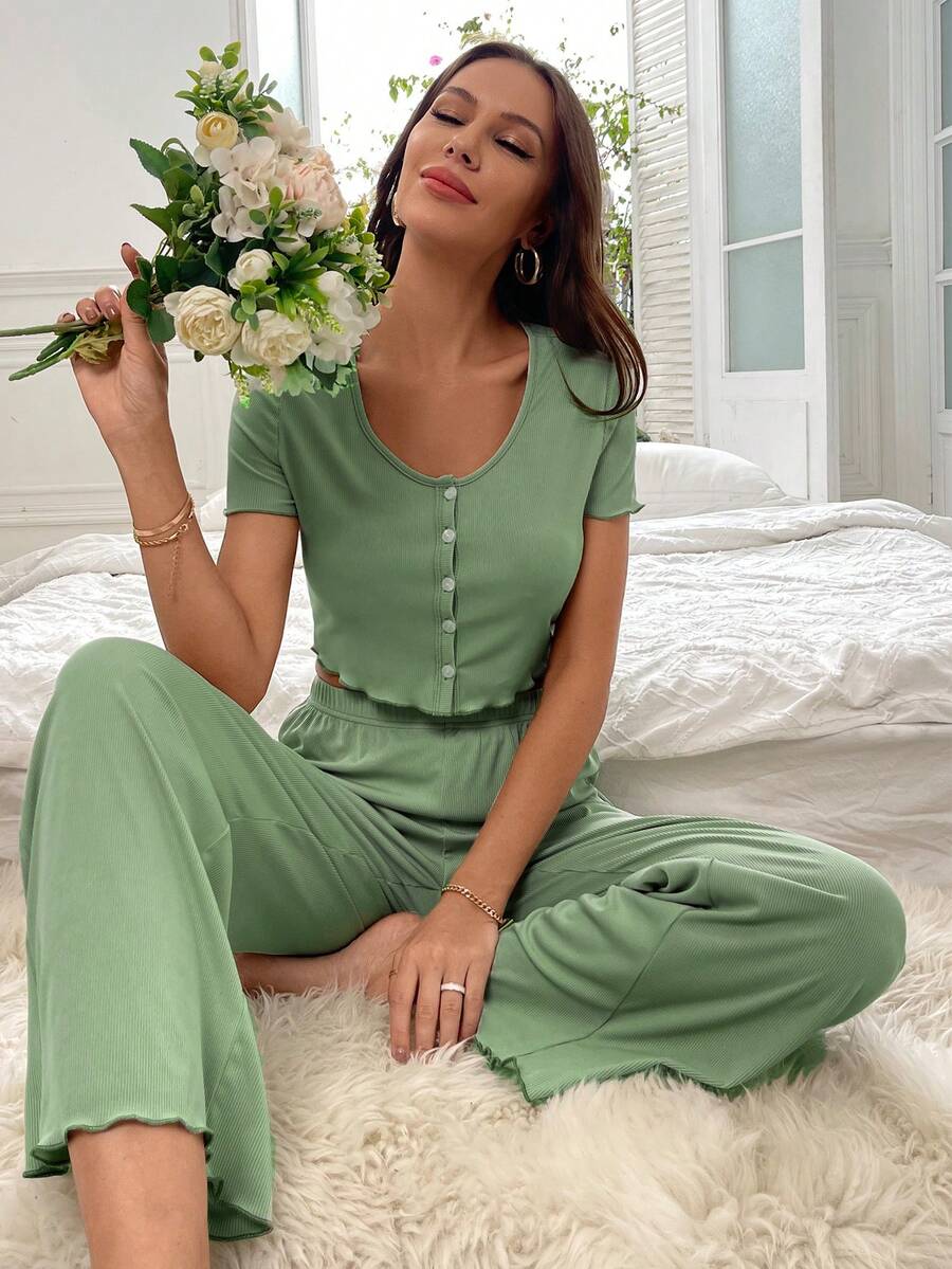 木耳邊前紐扣休閒服套裝 - 青檸色 - 查看 1