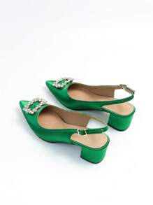 Glamorous Green Pumps For Women, Rhinestone Decor Point Toe Chunky Heeled Slingback Pumps - Green - View 3