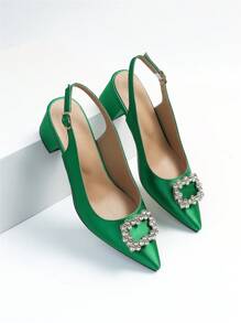 Glamorous Green Pumps For Women, Rhinestone Decor Point Toe Chunky Heeled Slingback Pumps - Green - View 6