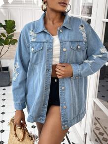 SHEIN Essnce 大碼破洞翻蓋口袋牛仔夾克 - 淺色水洗藍 - 查看 1