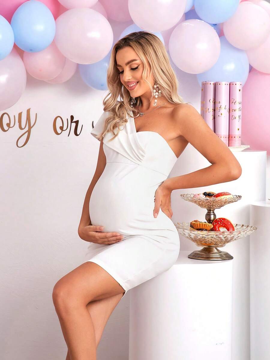 SHEIN 孕婦單肩緊身連衣裙 - 白色 - 查看 1