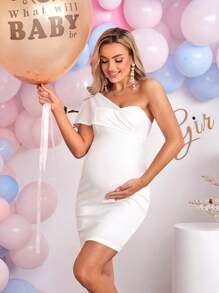 SHEIN 孕婦單肩緊身連衣裙 - 白色 - 查看 5
