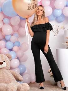 SHEIN Maternidad Mono de hombros descubiertos ribete con fruncido pierna amplia - Negro - Ver 6