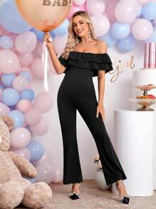 SHEIN Maternidad Mono de hombros descubiertos ribete con fruncido pierna amplia - Negro - Ver 3