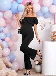 SHEIN Maternidad Mono de hombros descubiertos ribete con fruncido pierna amplia - Negro - Ver 1