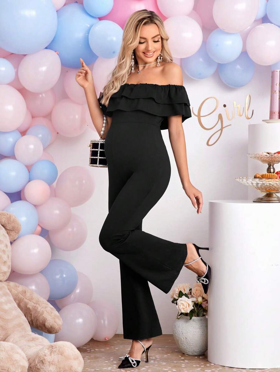 SHEIN Maternidad Mono de hombros descubiertos ribete con fruncido pierna amplia - Negro - Ver 1