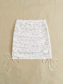 Soleia Ditsy Floral Drawstring Side Ruched Skirt - White - View 2