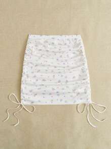 Soleia Ditsy Floral Drawstring Side Ruched Skirt - White - View 3