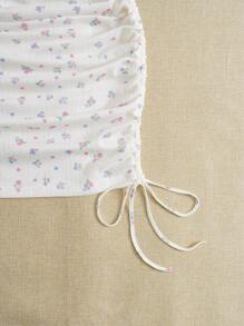 Soleia Ditsy Floral Drawstring Side Ruched Skirt - White - View 5