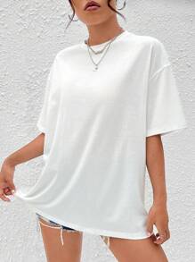 SHEIN EZwear Casual Slogan & Dragon Print Oversized Crew Neck Short Sleeve T-Shirt For Women, Summer, Unisex - White - View 2