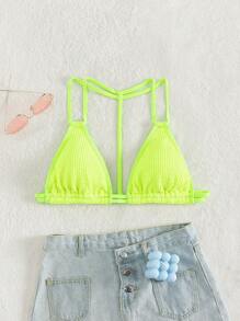 Top de bikini triángulo de cuello halter de color verde lima neón de verano - Verde Lima - Ver 3