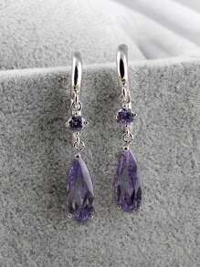 Cubic Zirconia Water Drop Earrings - Purple - View 1