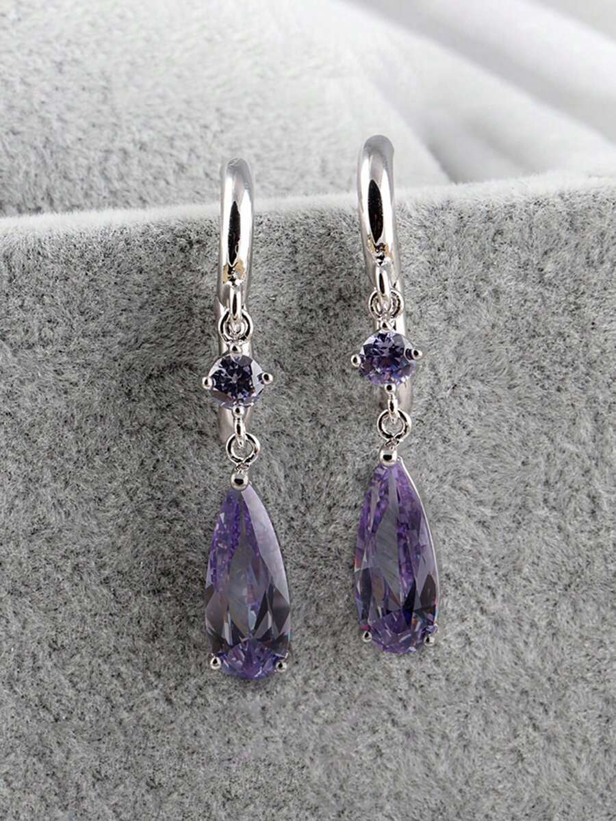 Cubic Zirconia Water Drop Earrings - Purple - View 1