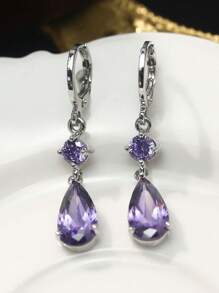 Cubic Zirconia Water Drop Earrings - Purple - View 3