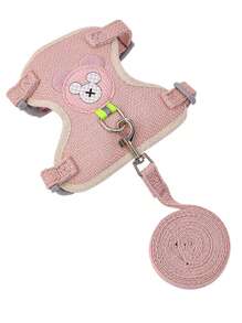 1入組卡通小熊貼布裝飾寵物背帶和1入組寵物牽引繩適用於狗狗適用於戶外 - 粉色 - 查看 2