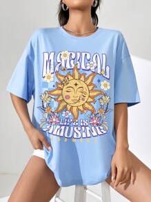 SHEIN EZwear 太陽和字母圖案落肩袖超大號T恤 - 淺藍色 - 查看 1