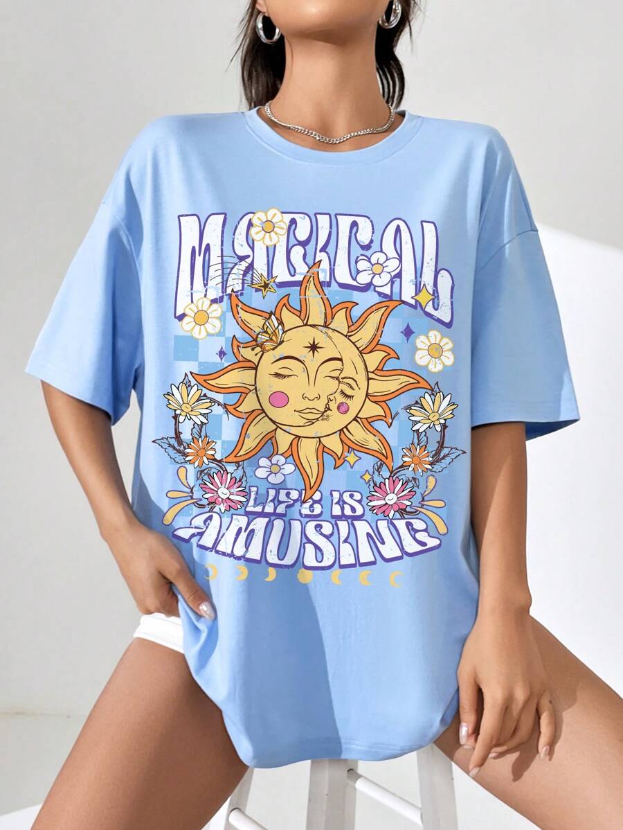 SHEIN EZwear 太陽和字母圖案落肩袖超大號T恤 - 淺藍色 - 查看 1